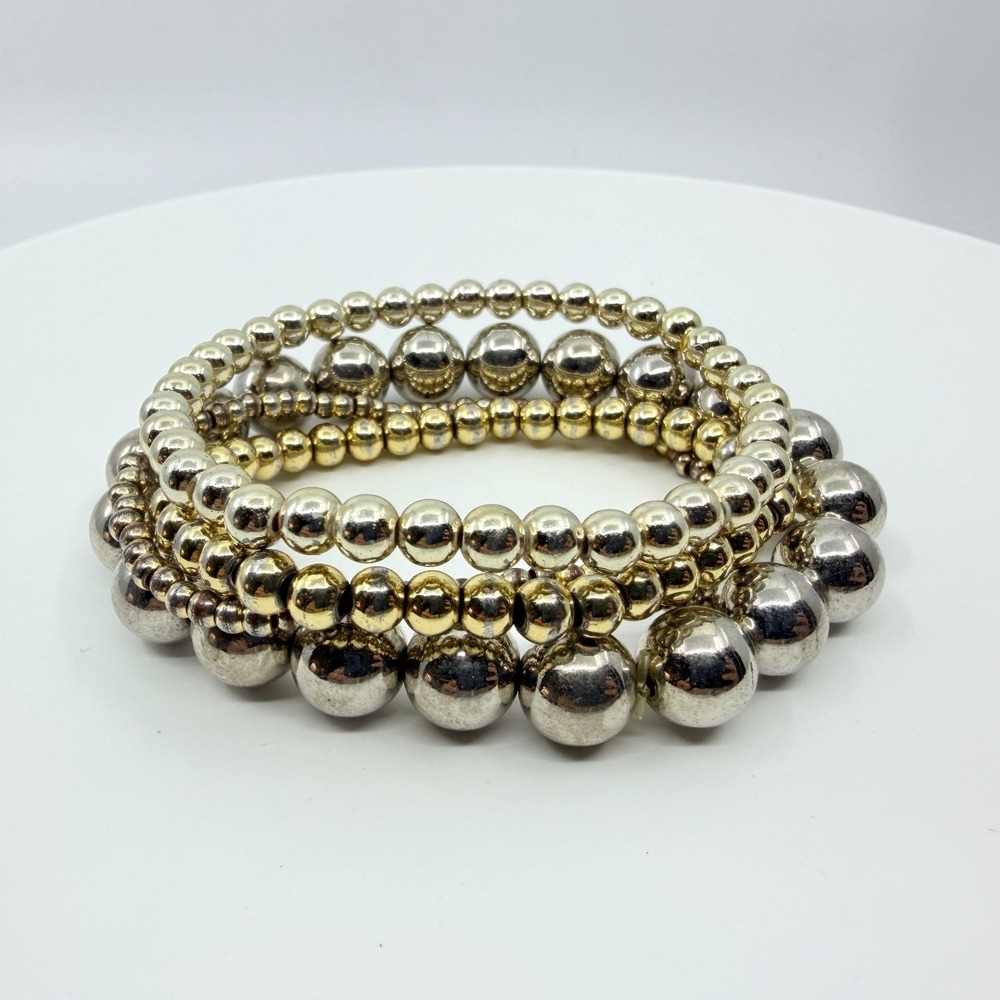 Vintage Y2K Silver & Gold Tone Ball Bead Stretch Stack Bracelets Set Boho Retro
